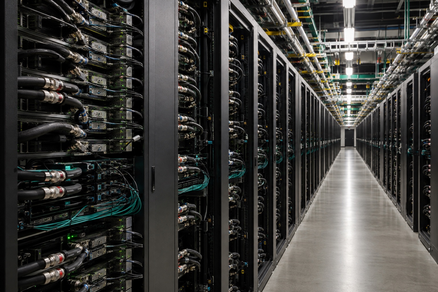 Illustrative operating GPU data-centre aisle with densely populated server racks, liquid-cooling connections and status lights