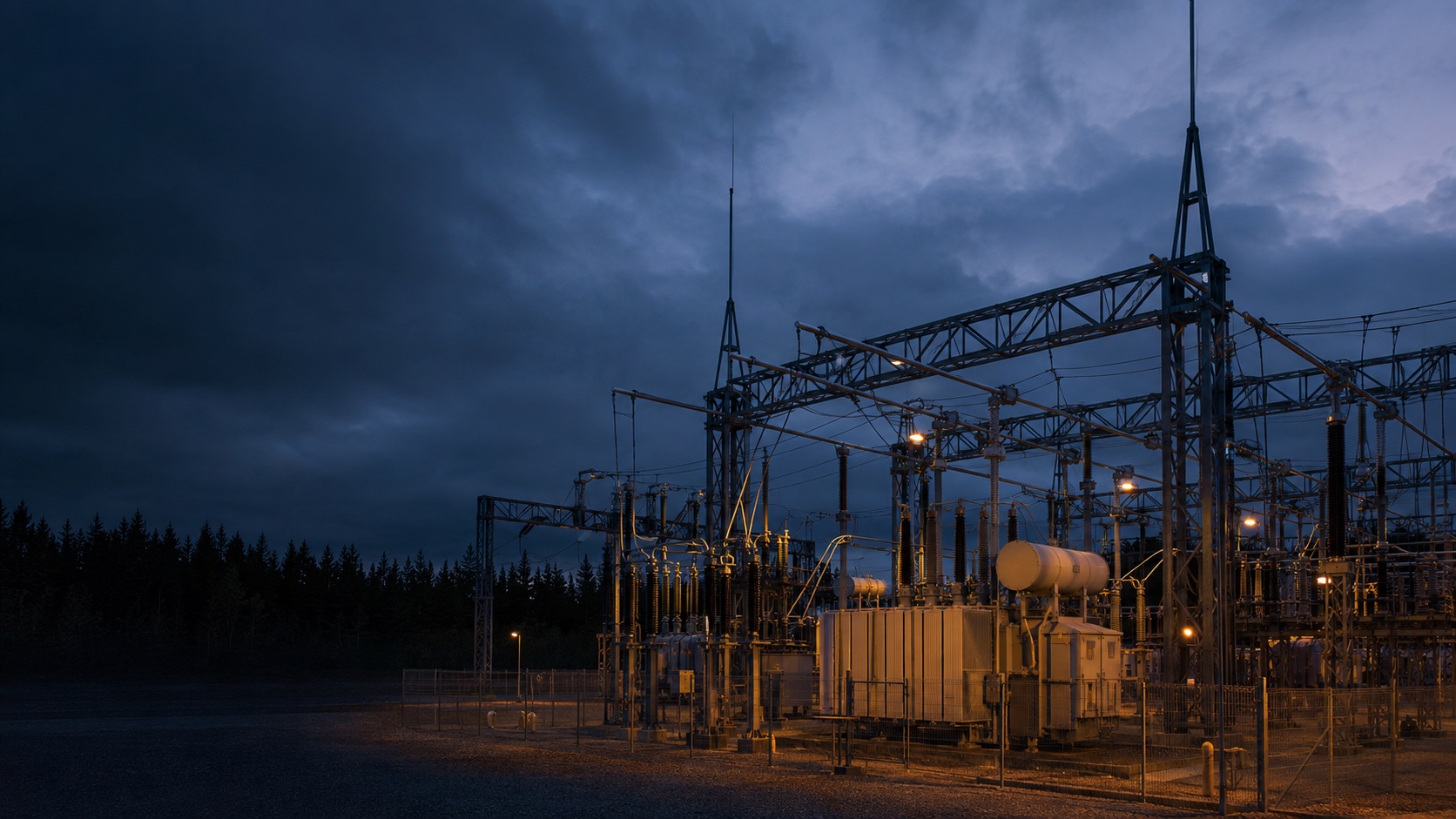 Illustrative concept render of electrical infrastructure at dusk